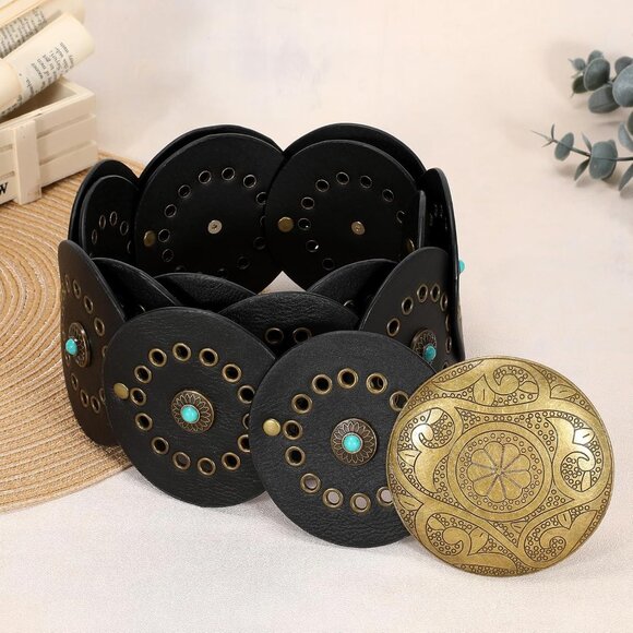 ⚡Women Western Leather Concho Belt Cowgirl Cowboy Disc Boho Wide Waist Belt - Picture 7 of 8